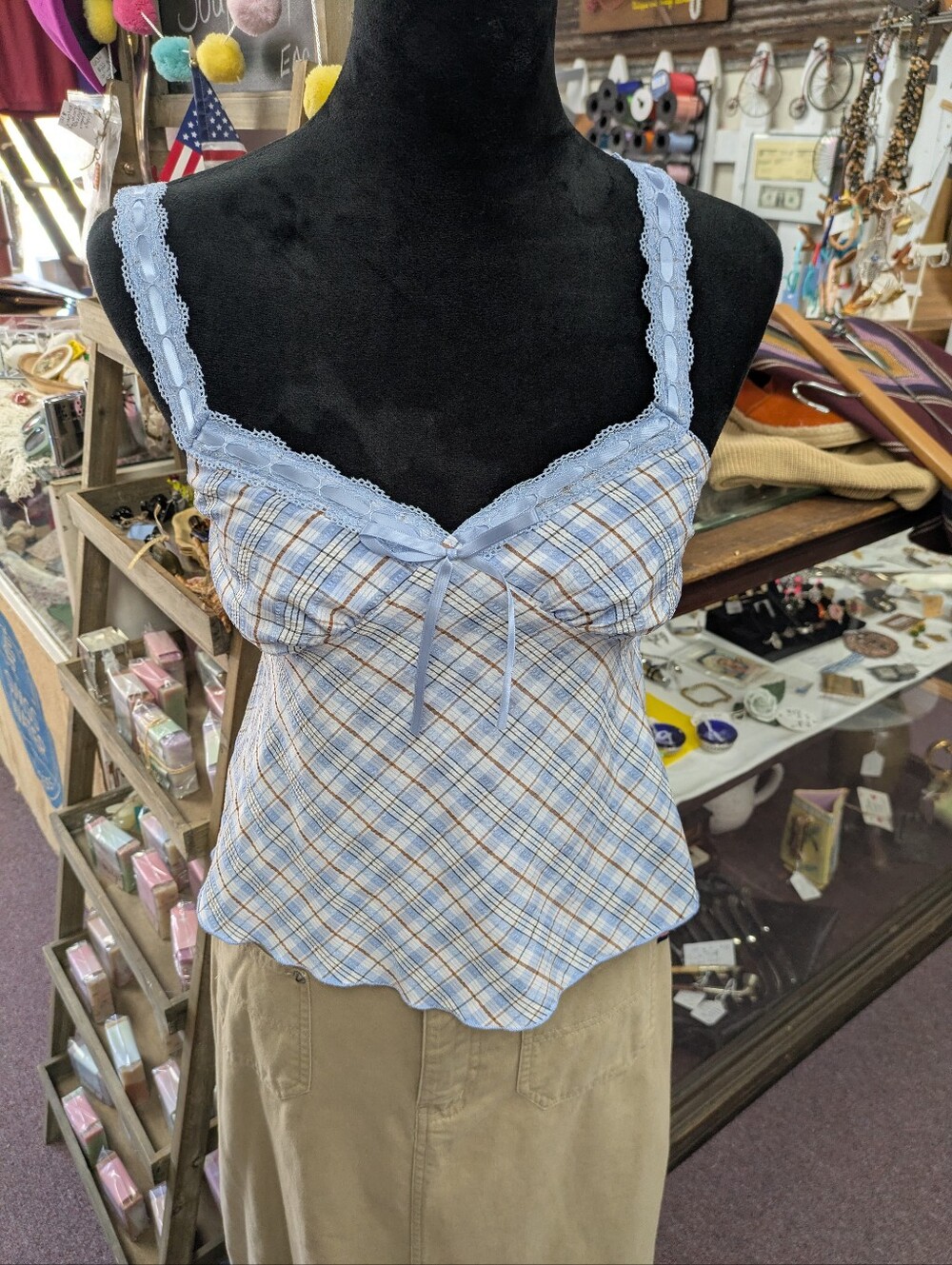 NWOT 1990s Y2k Plaid Lace Woven Tank top
